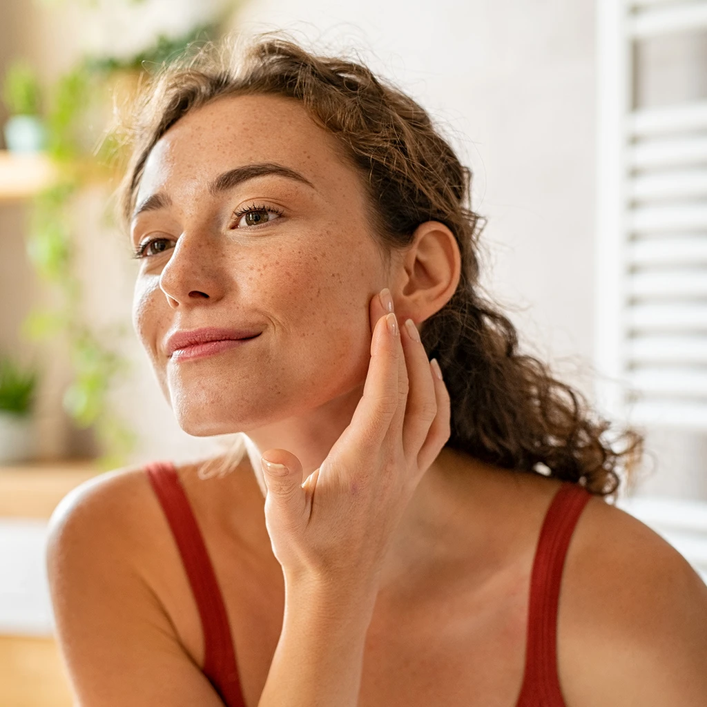 A woman looking at her skin in the mirror